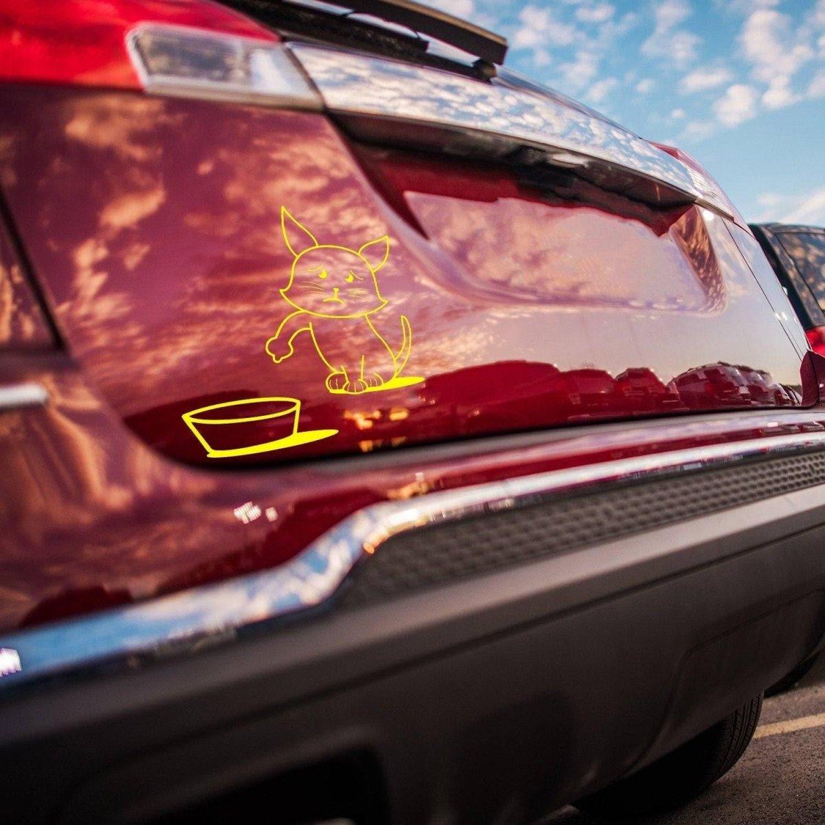 Petrol cat car decal vinyl sticker on a red vehicle's bumper, featuring a cute cat and gas bowl design.