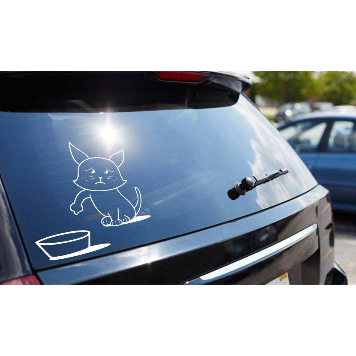 Adorable cat car decal on rear window, humorous vinyl sticker reminding to refill gas tank.