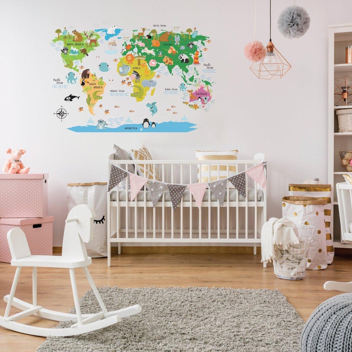 Colorful world map vinyl sticker on nursery wall, perfect for children's learning and travel-themed decor.
