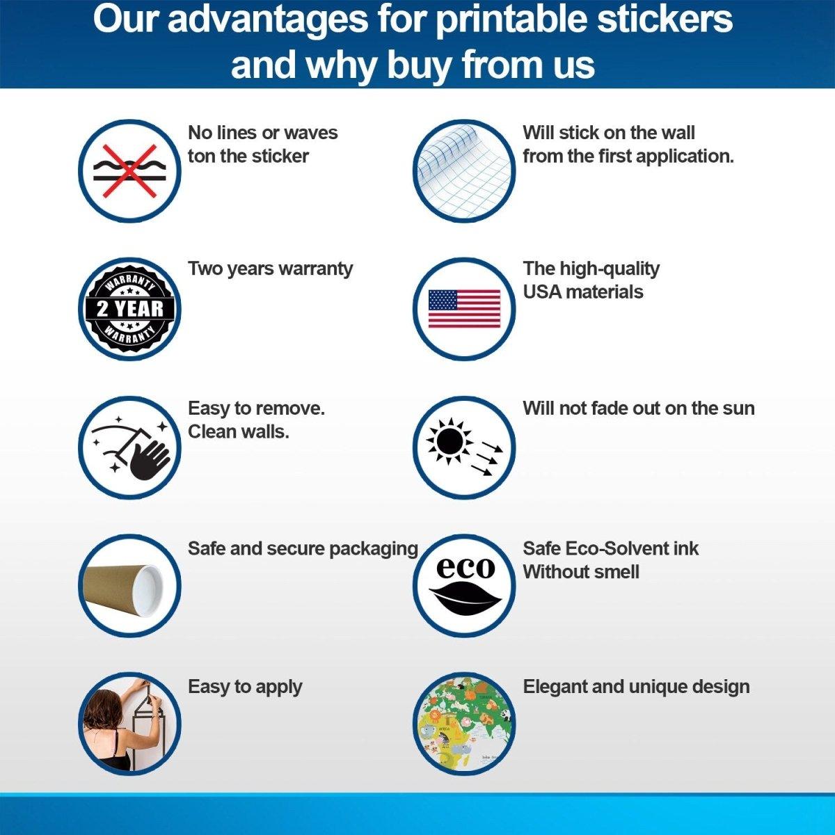 Infographic highlighting advantages of printable stickers, including easy application and high-quality materials.