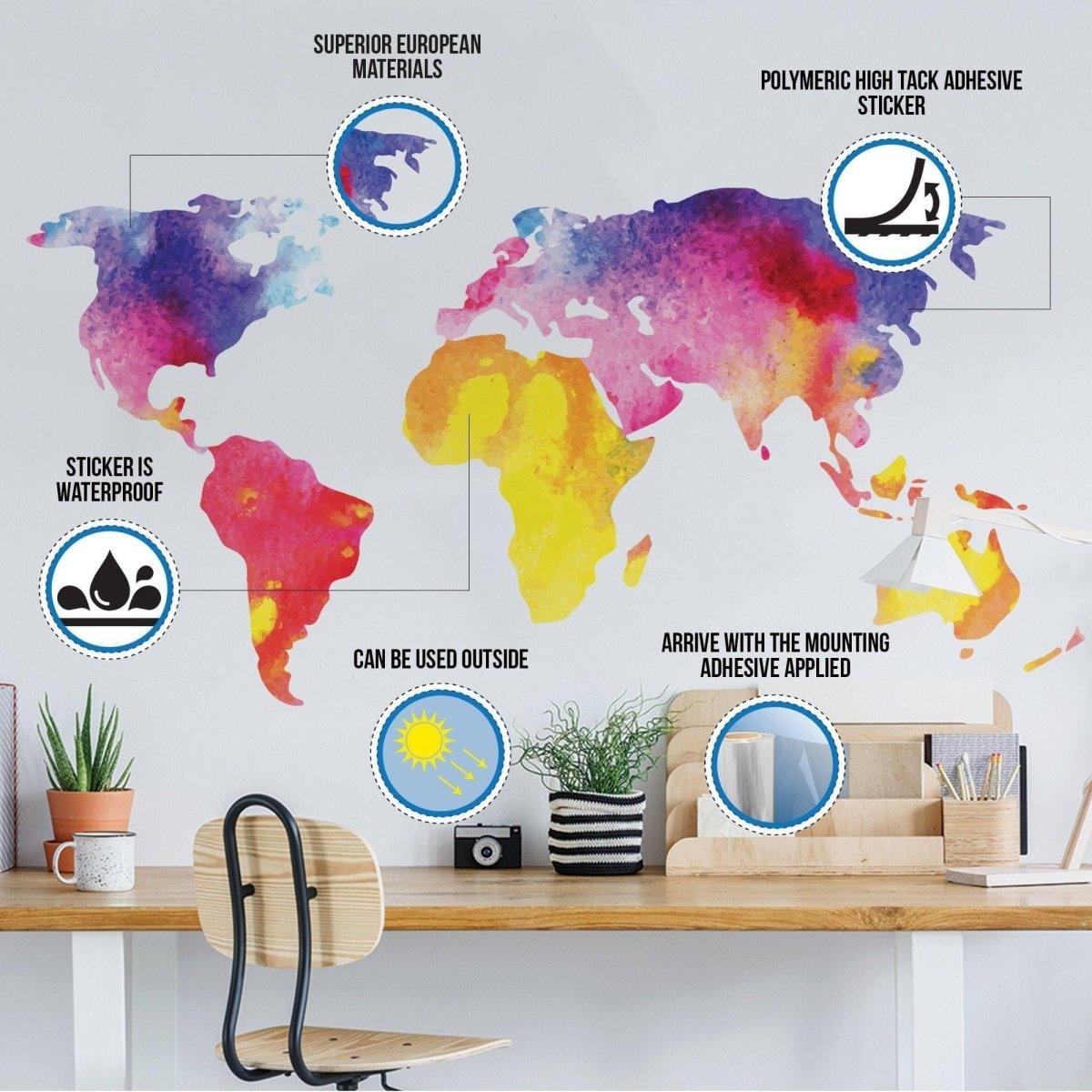 Colorful world map wall sticker showcasing waterproof features and European materials in a stylish workspace.