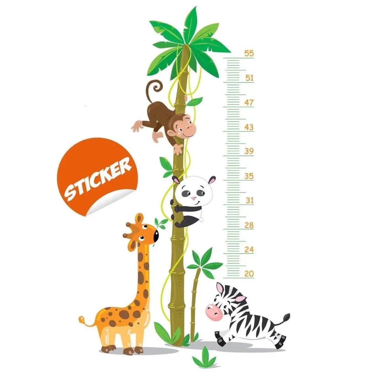 Giraffe wall sticker height chart for kids featuring animals like monkey, panda, and zebra on a bamboo design.