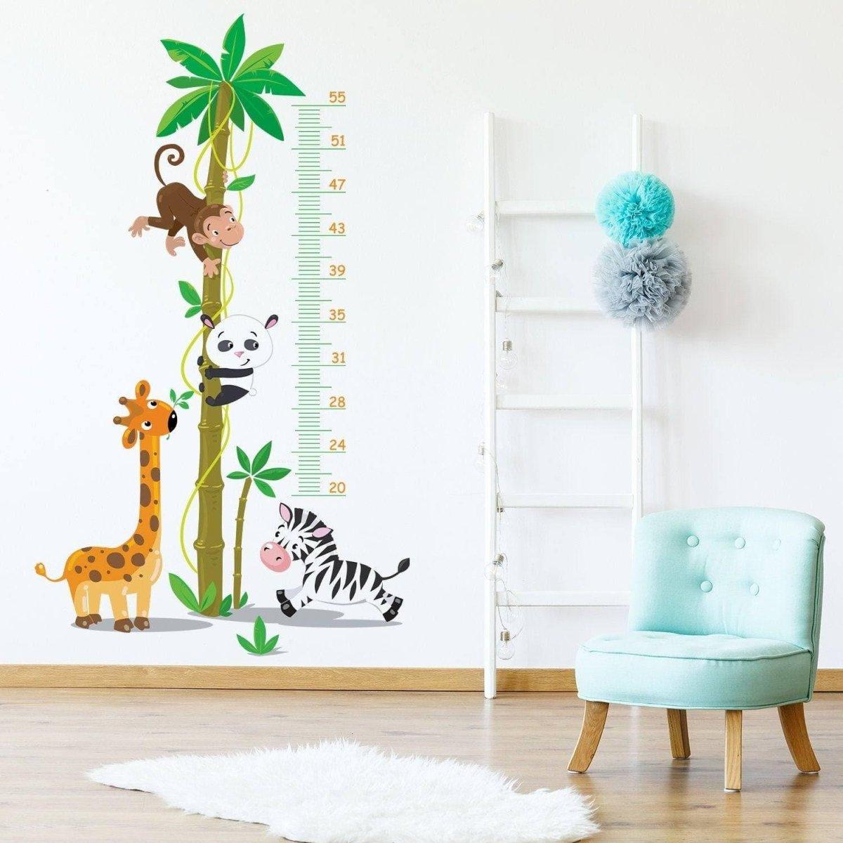 Giraffe wall sticker growth measurement tracker decal with animals and height chart for kids' room decoration.