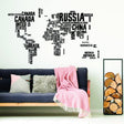 World map wall sticker design featuring country names in black, adding adventure to modern living space decor.