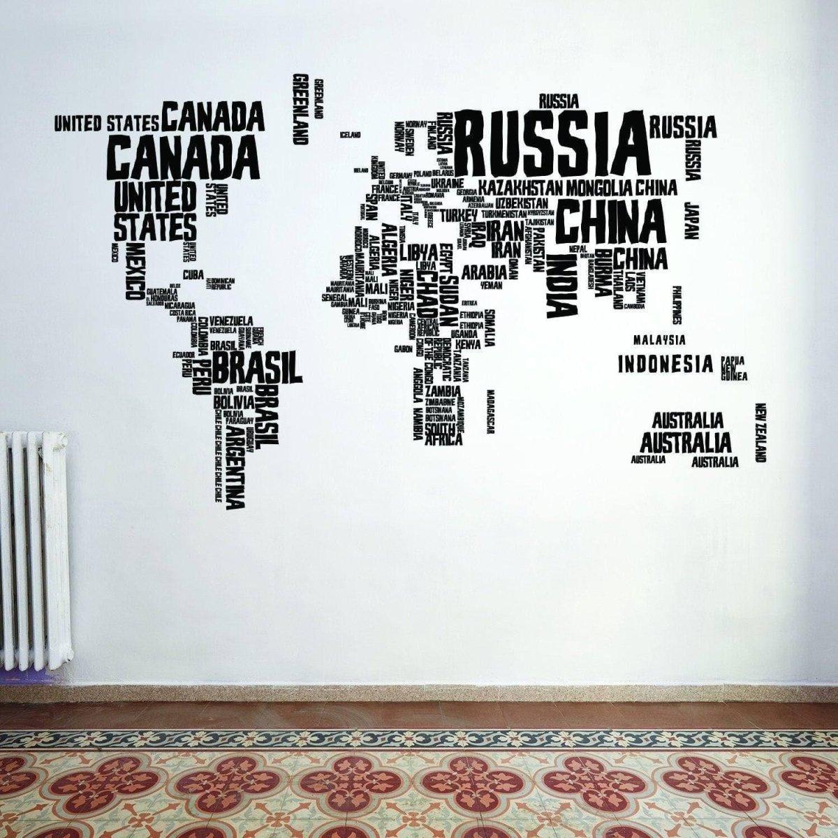 World map wall sticker featuring country names in bold typography, ideal for adventurous home decor.