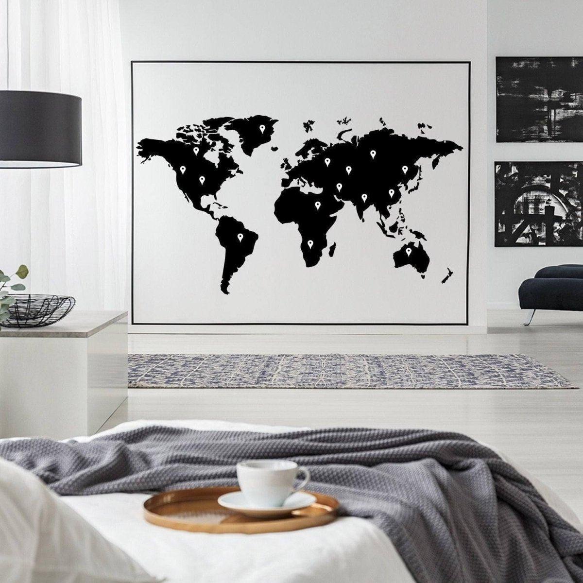 Wanderlust vinyl wall decal featuring a world map design, perfect for travel lovers and stylish home decor.