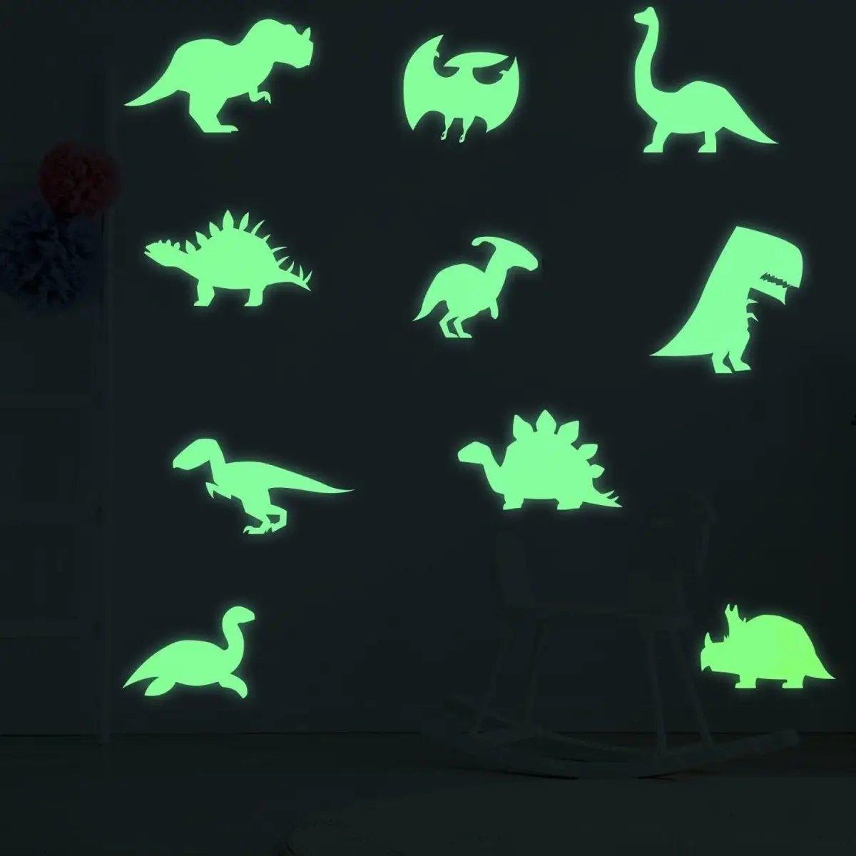 Glow-in-the-dark dinosaur wall decals, featuring various dinosaur designs for fun room decor.