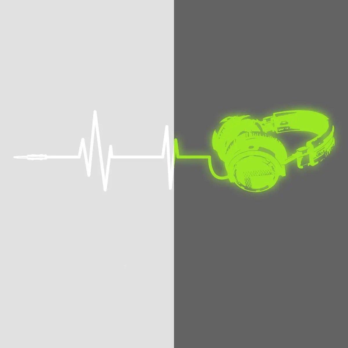 Glow in dark headphone wall decal design with heartbeat graphic, perfect for music lovers and creative room decoration.