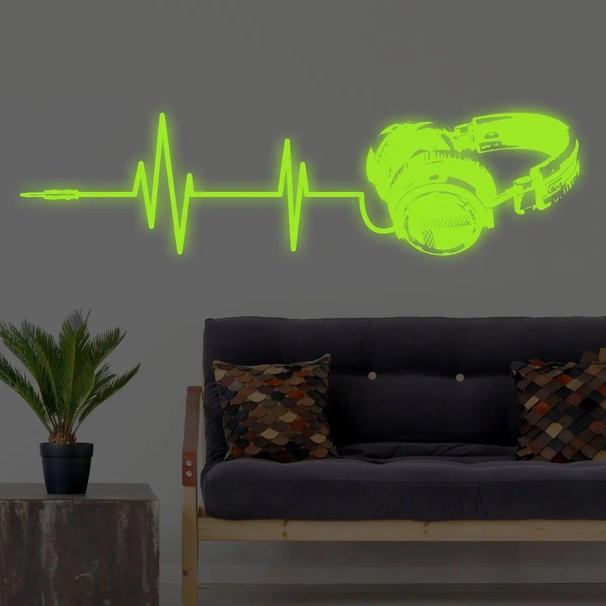 Luminous vinyl wall decal featuring headphone and soundwave design, perfect for transforming your room into a musical wonderland.