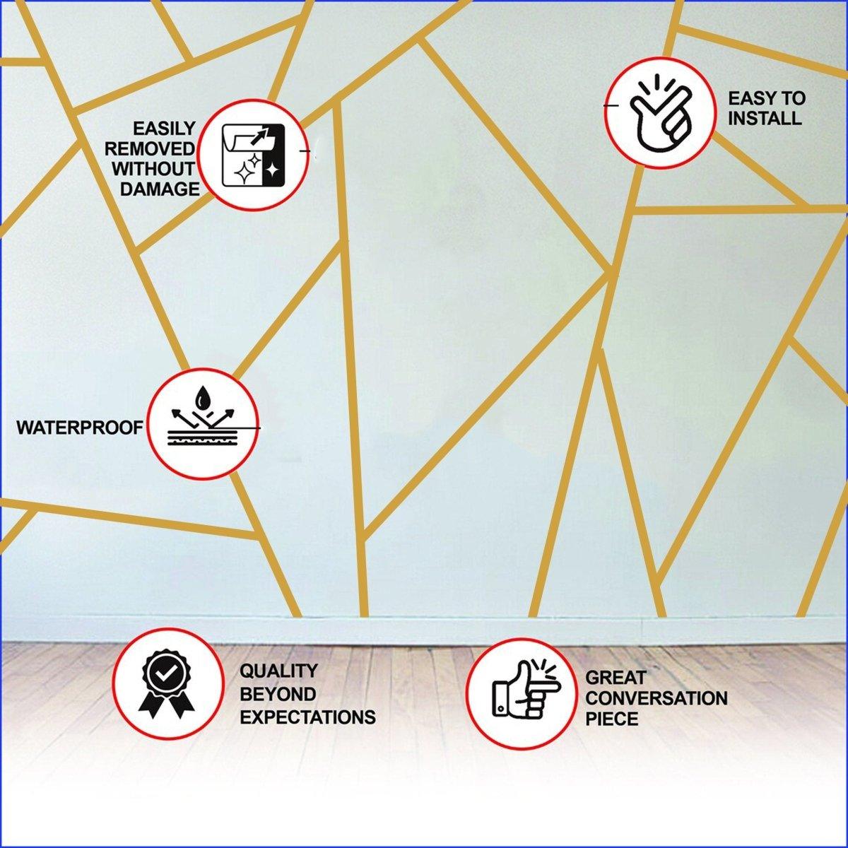 Geometric gold wall stickers with key features: waterproof, easily removable, easy to install, great quality, and conversation starter.