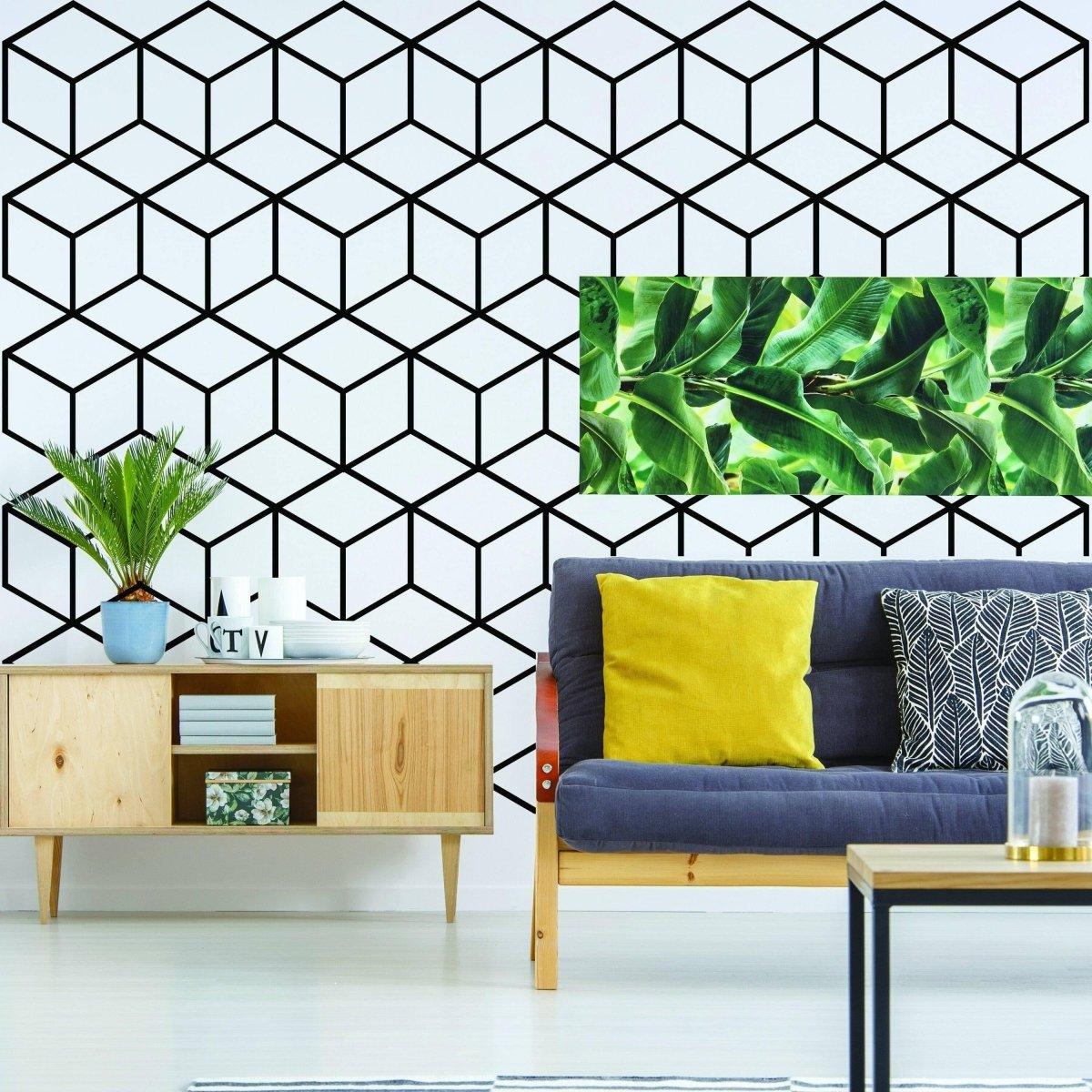 Hexagonal honeycomb wall decal in modern living room, featuring geometric design, plants, and stylish sofa.