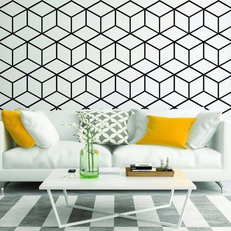 Stylish living room featuring hexagonal honeycomb wall decal, modern furniture, and vibrant cushions.