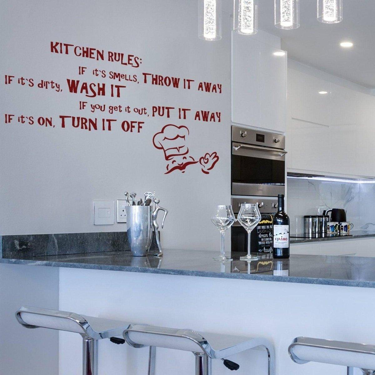 Humorous kitchen rules wall decal on a modern kitchen wall, adding charm to home decor.