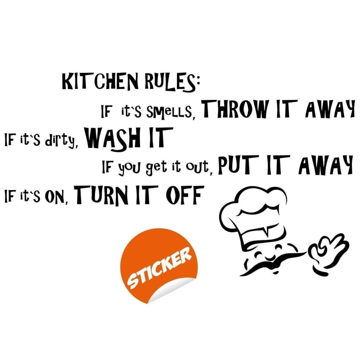 Humorous Family Kitchen Rules wall decal: fun reminders for a tidy kitchen, featuring a chef illustration.