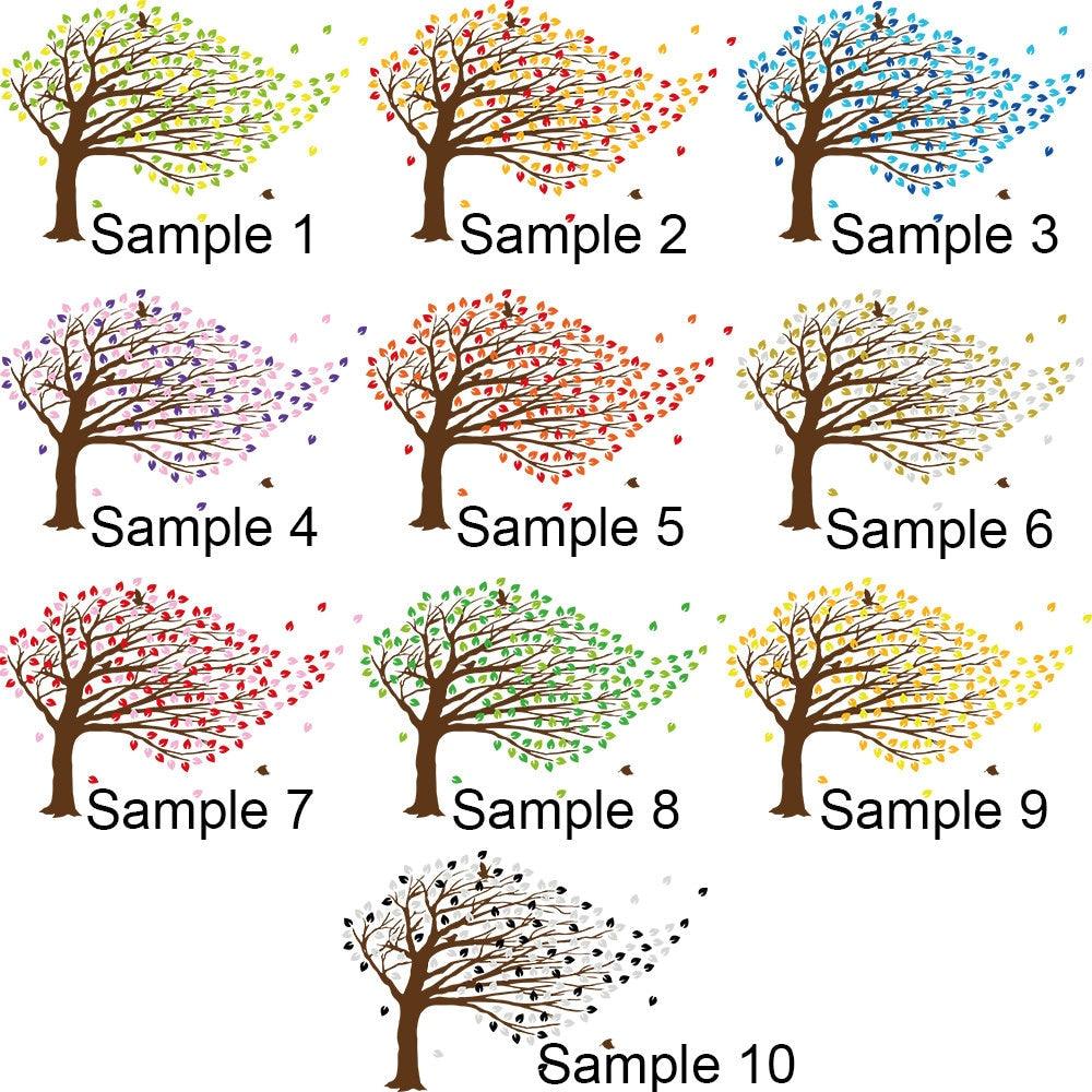 Sample designs of colorful tree wall decals with swirling leaves and branches for nursery decor.