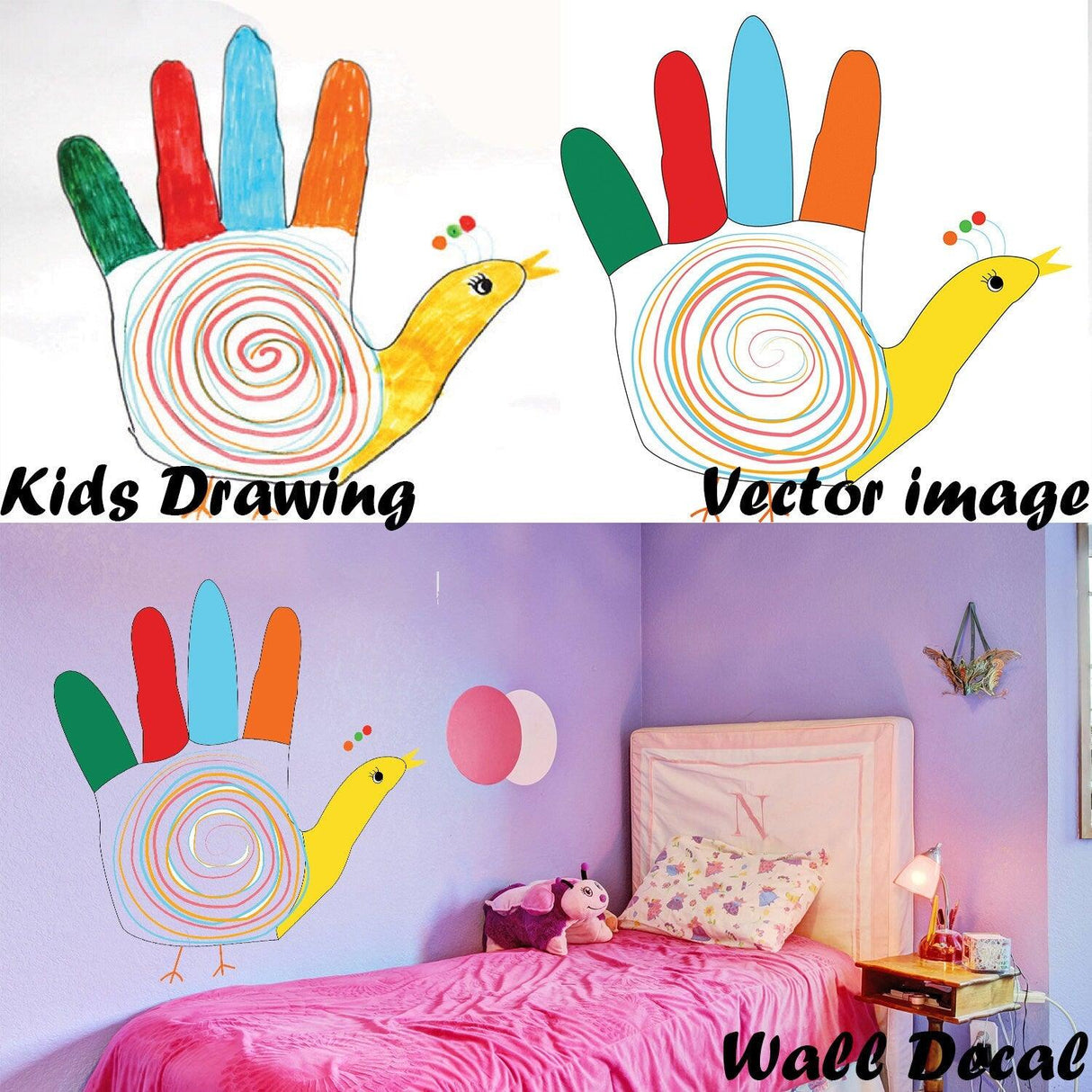 Colorful kids drawing turned vector image, cute snail wall decal in a children's bedroom.