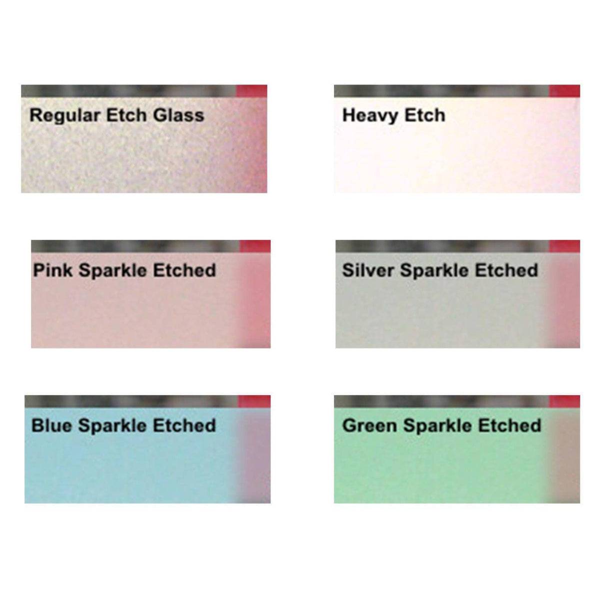 Samples of frosted window vinyl options: Regular, Heavy, Pink Sparkle, Silver Sparkle, Blue Sparkle, Green Sparkle Etched.