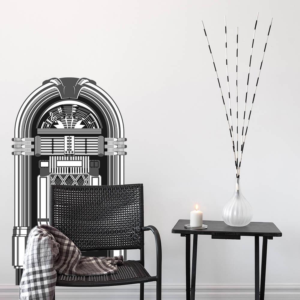 Vintage jukebox wall print sticker decor, adding a nostalgic touch to a stylish living space.