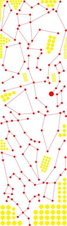 Abstract constellation design featuring red and yellow dots and lines, ideal for zodiac-themed decor.