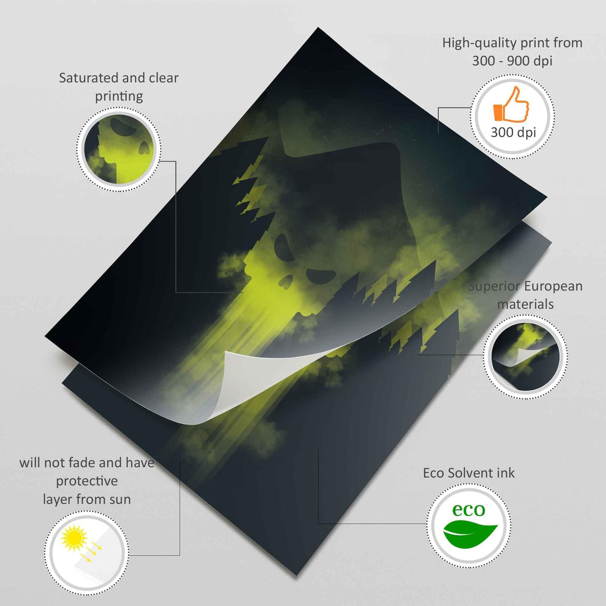 High-quality printed paper featuring a dark, haunting design with eco-solvent ink and protective layer from sun damage.