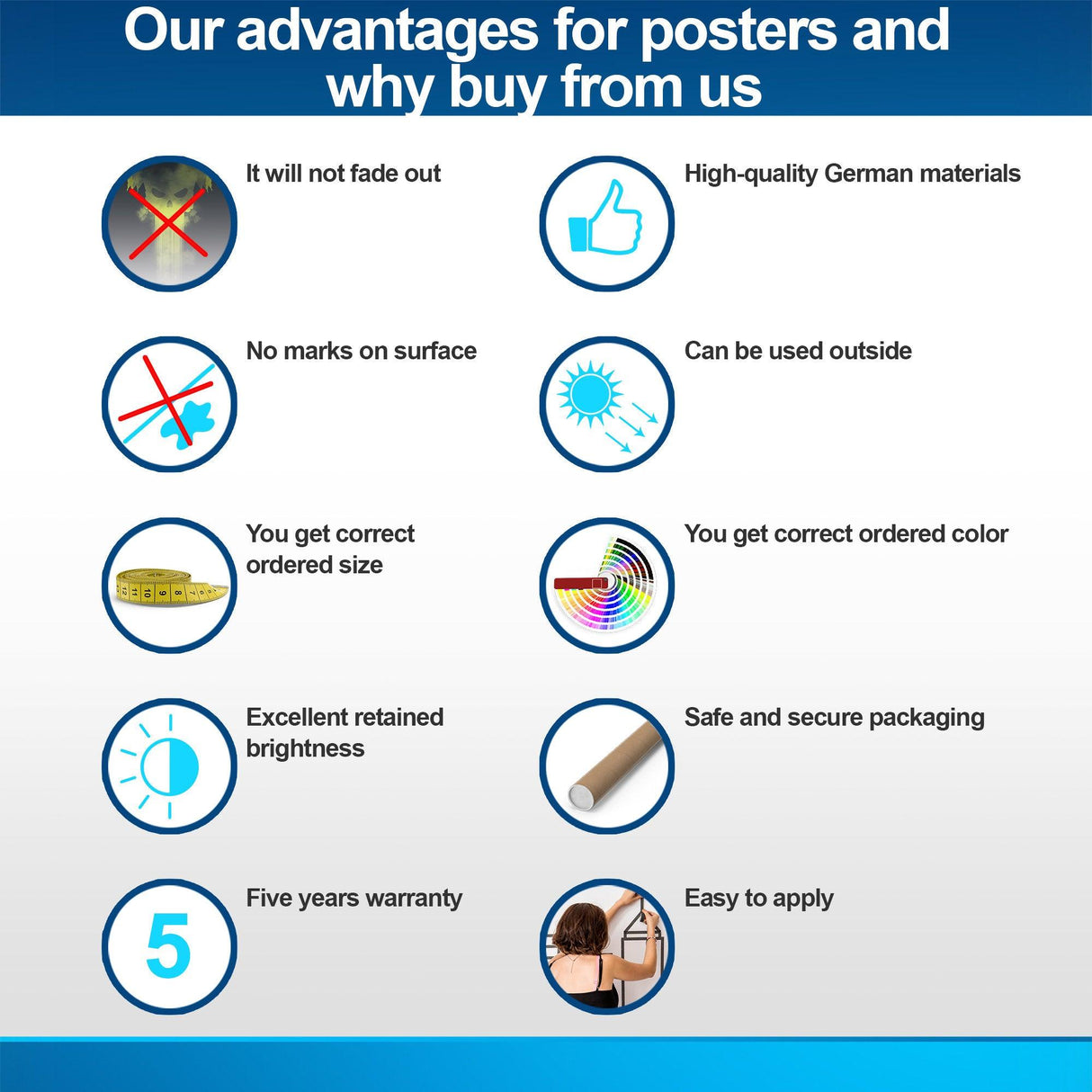 Advantages of our posters: fade-resistant, high-quality materials, outdoor use, correct sizing, vibrant colors, secure packaging, easy application.