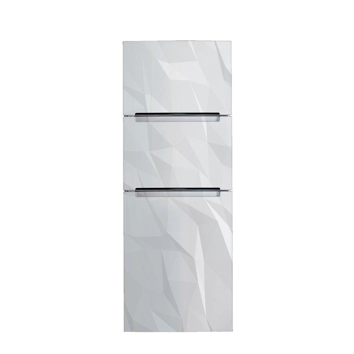 Modern fridge with a sleek, geometric vinyl wrap design for stylish home decor.