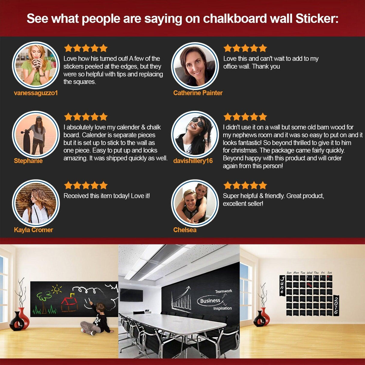 Customer testimonials for Chalkboard Wall DIY Black Kitchen Sticker showcasing product satisfaction and versatility.