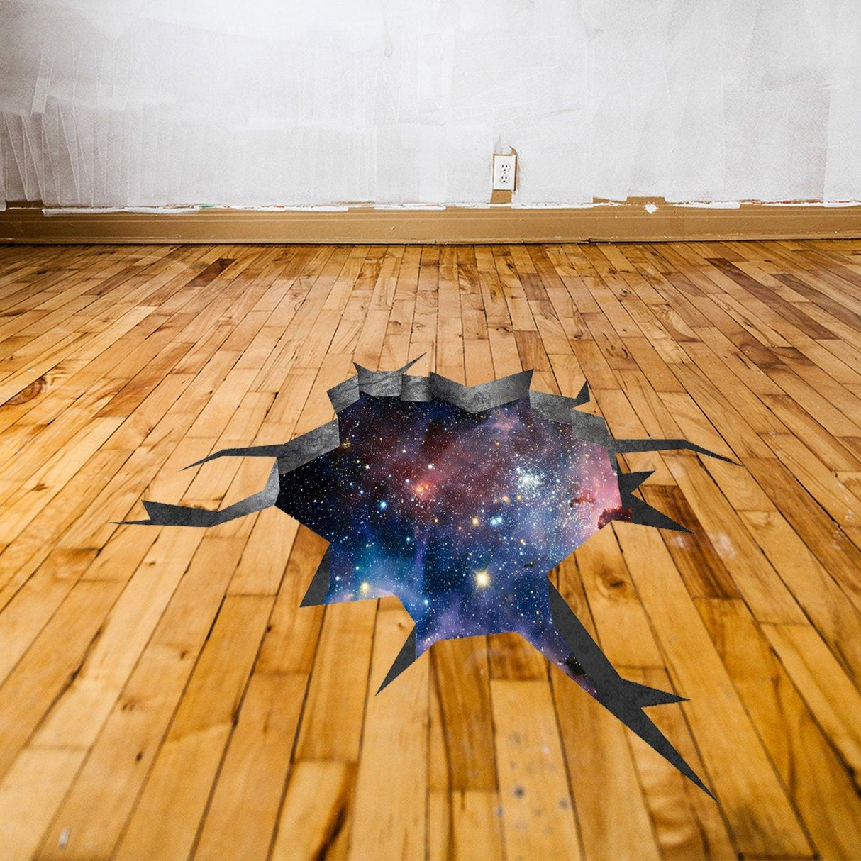 3D effect deep space wall sticker with a porthole tunnel view, creating a galaxy illusion on wooden floor.