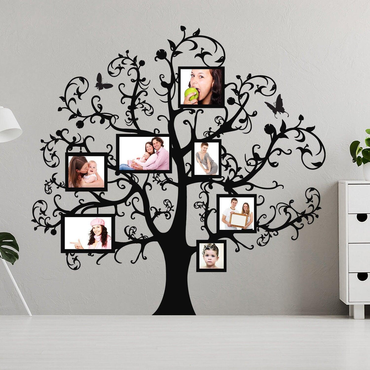 Family photo frame tree sticker wall decal showcasing pictures on branches, perfect for decor and displaying memories.