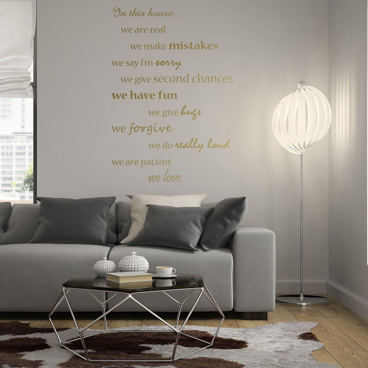 In This House wall decal with family rules quotes in stylish living room decor.
