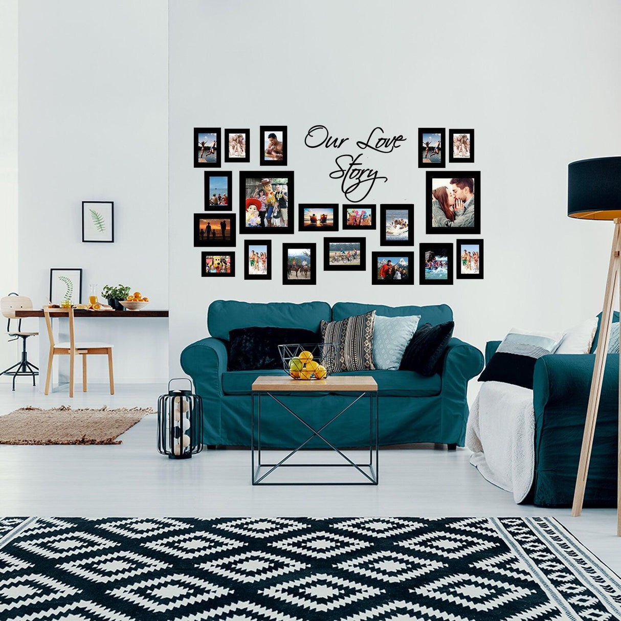 Stylish living room featuring a gallery wall with picture frame stickers and personalized decor.