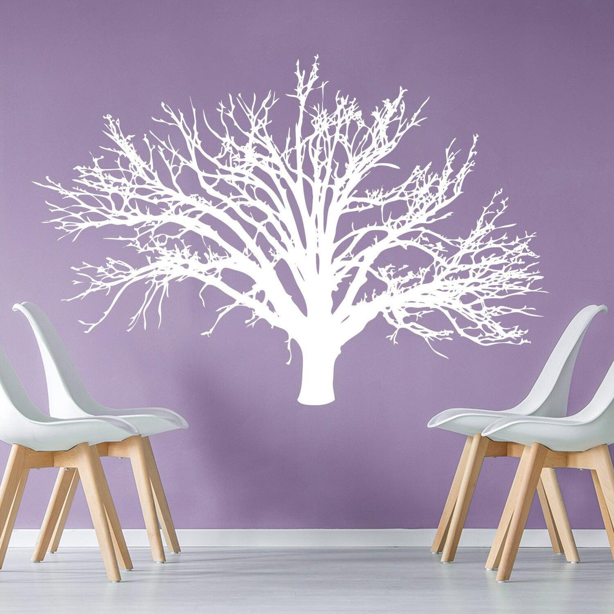 White birch tree wall decal on purple background, ideal for nursery or living space decor.