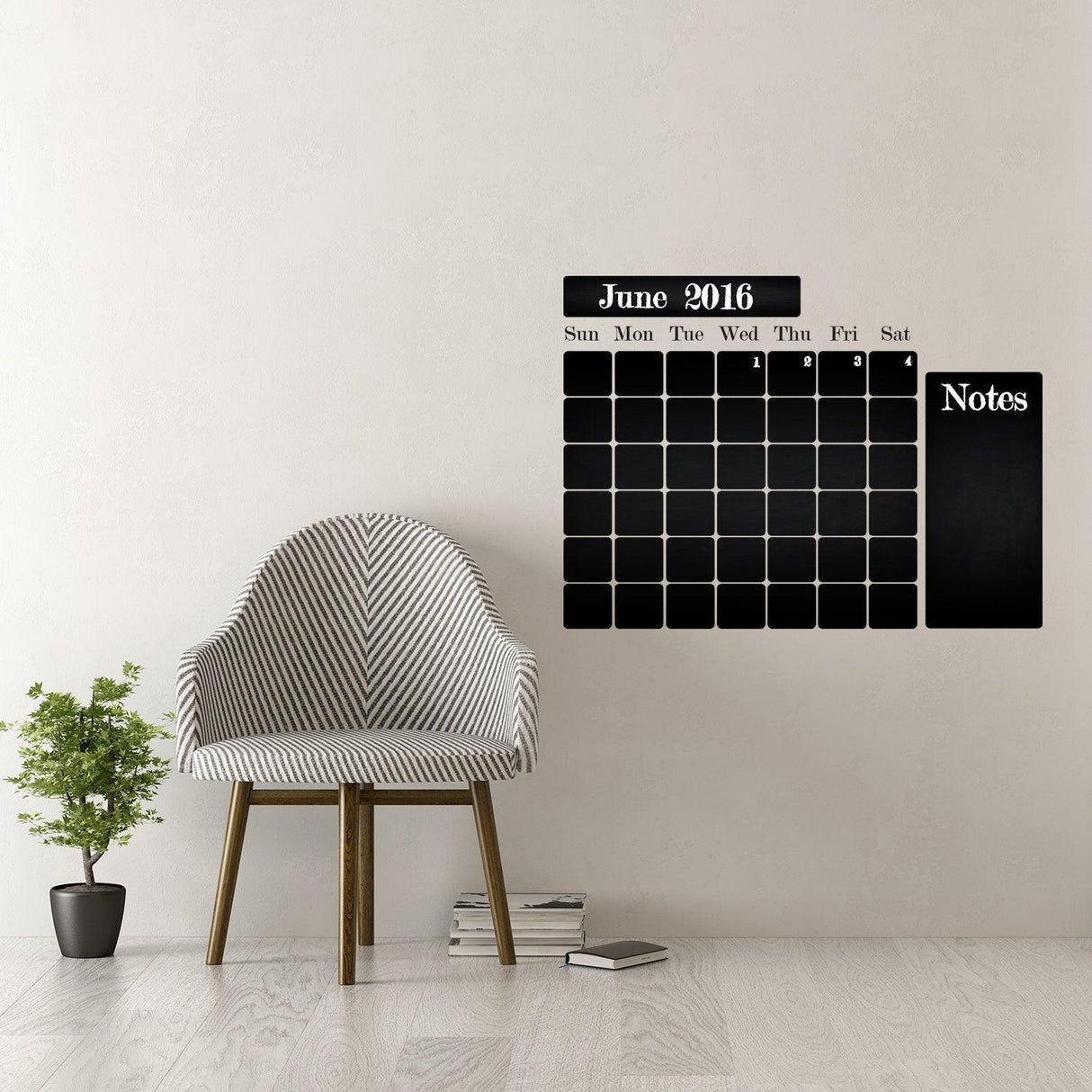 Office Calendar Chalkboard Vinyl Sticker on wall with notes section, ideal for organizing tasks in a stylish workspace.