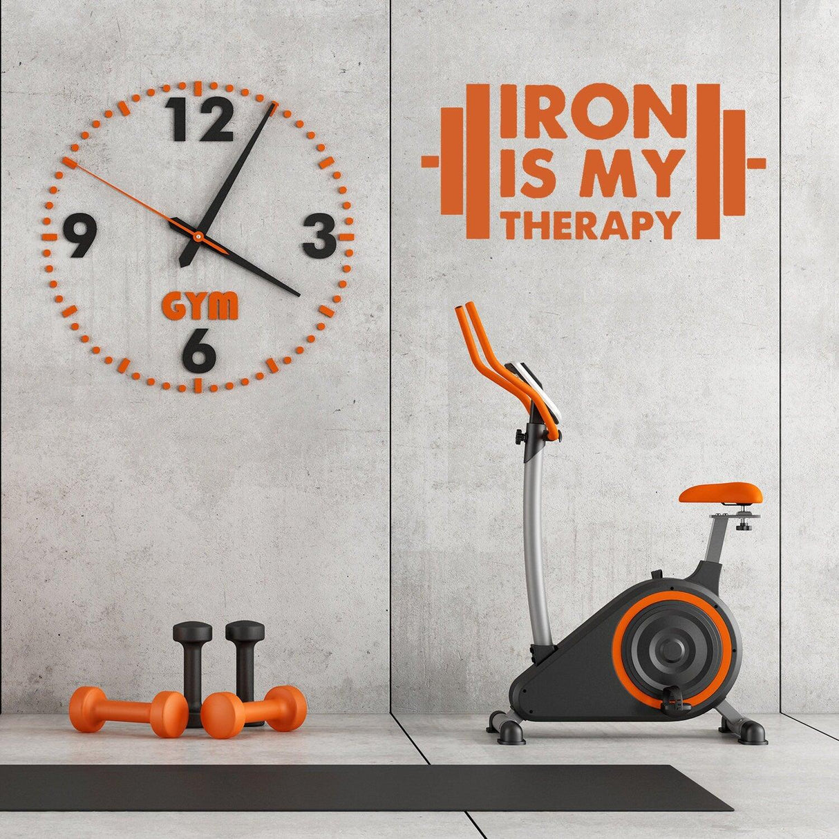 Bodybuilding wall gym decor sticker with motivational quote 'Iron is My Therapy' on a workout space wall.
