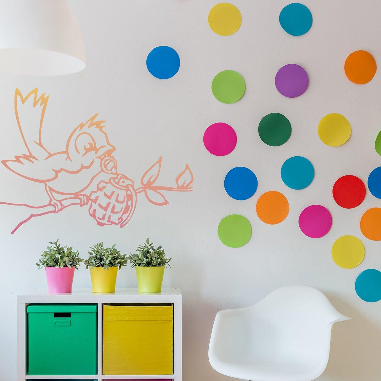 Banksy bird with grenade wall sticker in colorful modern room decor with plants and wall circles