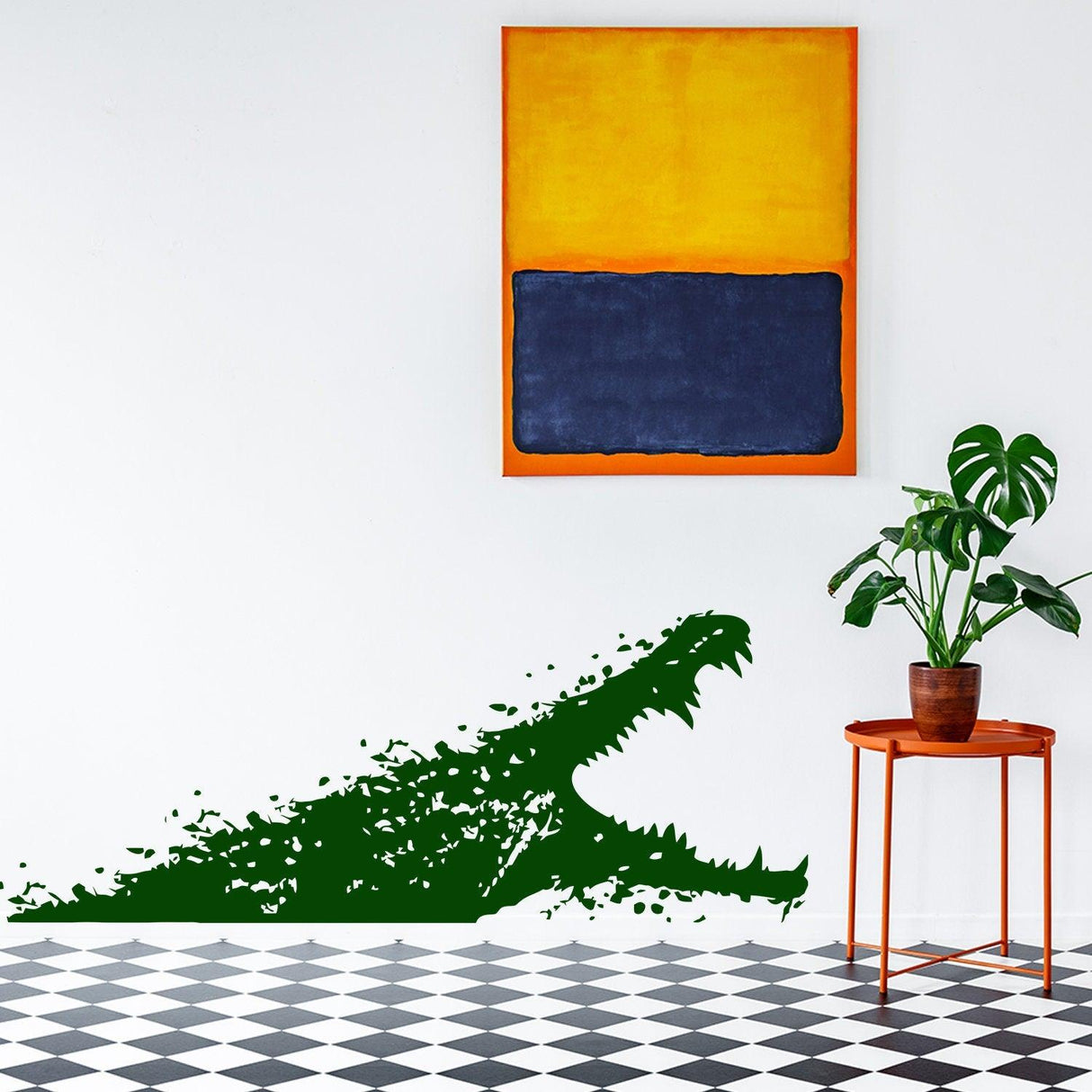 Aligator wall sticker in a modern room, showcasing a vibrant green gator vinyl decal on a checkered floor.