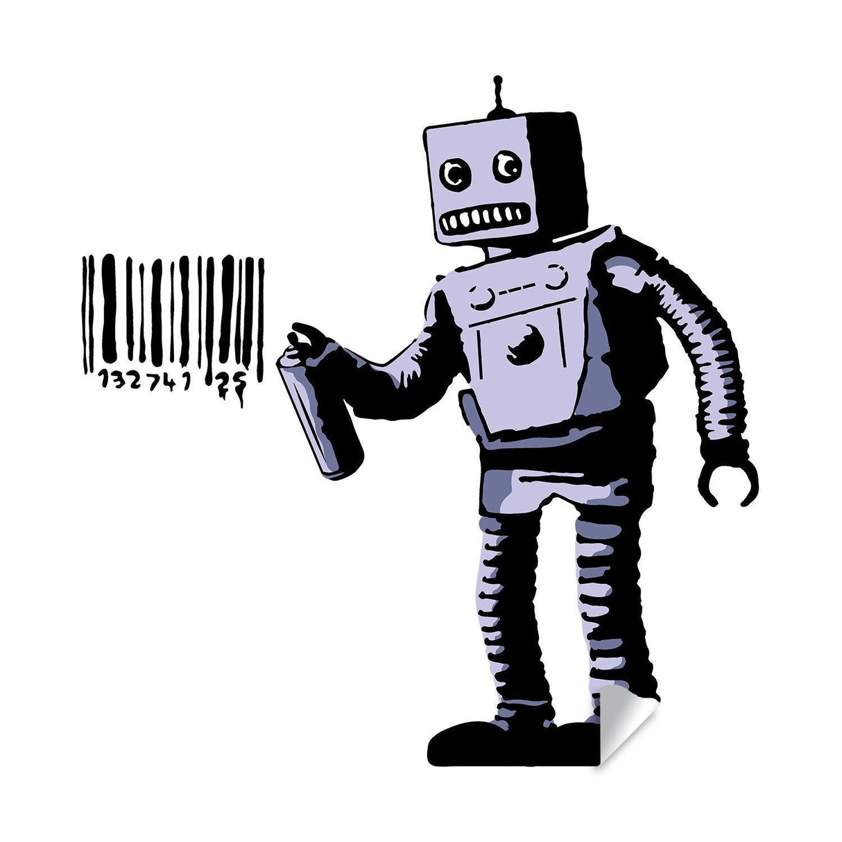 Banksy Barcode Robot Wall Vinyl Sticker featuring a robot with a barcode, perfect for urban street art decor.