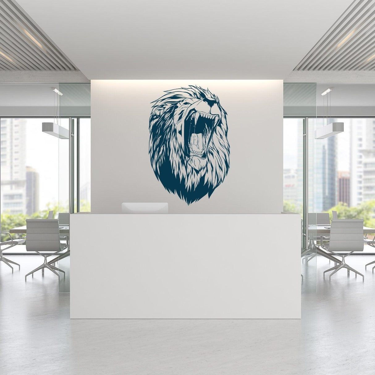 Lion head wall vinyl sticker in a modern office reception area, adding majestic decor to the space.