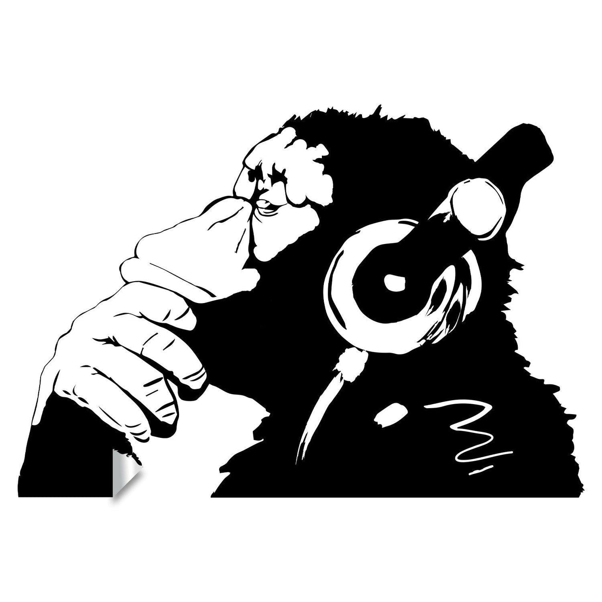 Banksy Thinking Monkey Wall Sticker - Thoughtful monkey wearing headphones, unique vinyl art decal for creative decor.