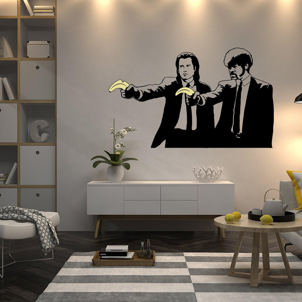 Banksy Pulp Fiction sticker featuring characters holding bananas as a fun wall art decor in a modern living room.