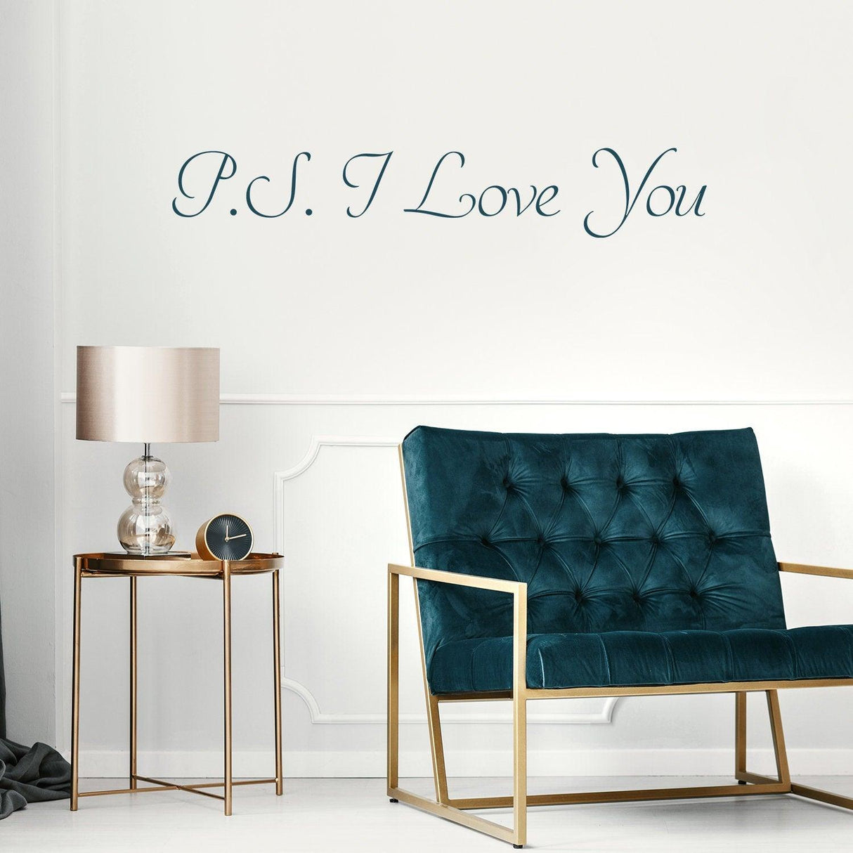 P.S. I Love You wall sticker in a romantic bedroom setting with modern chair and lamp.