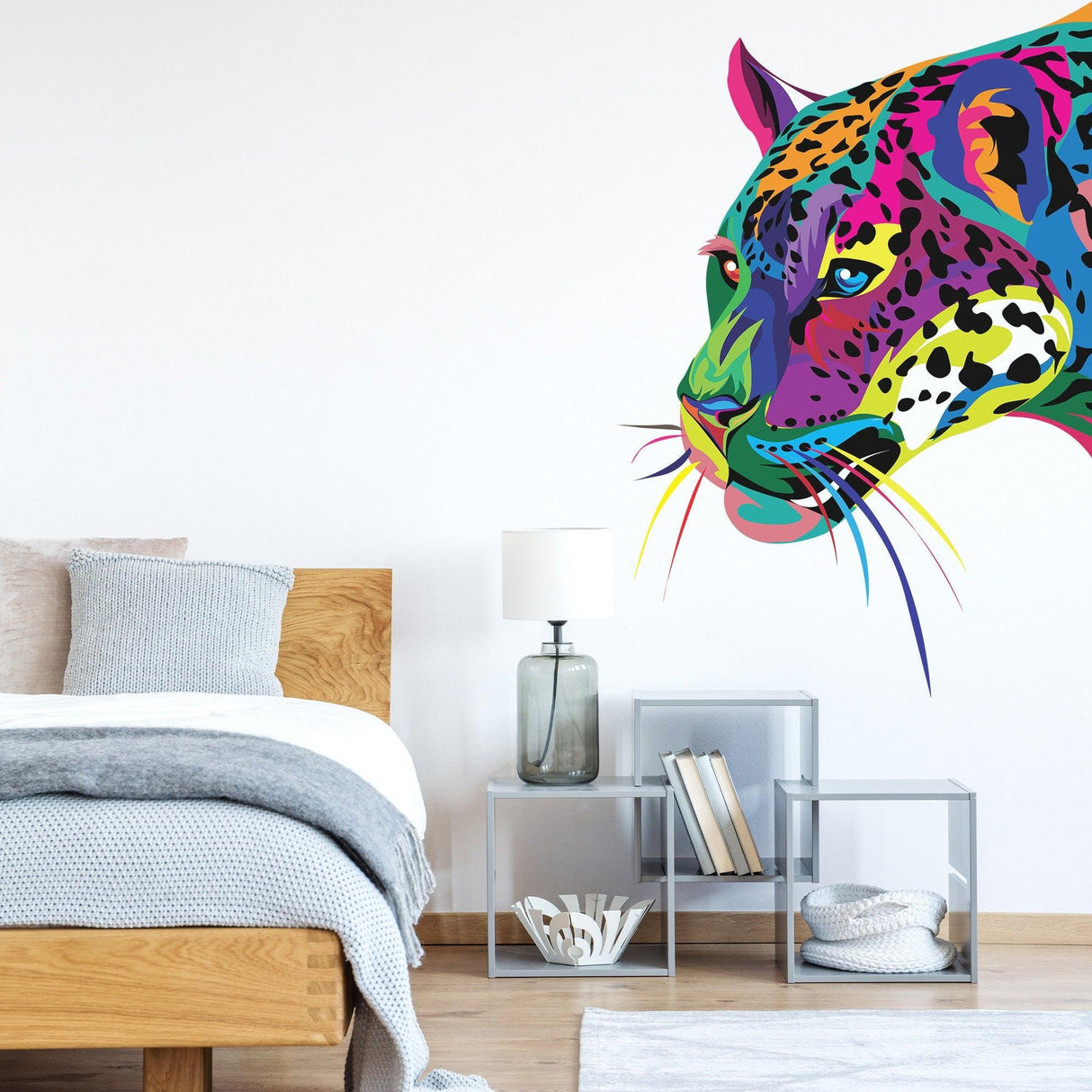 Colorful wild jaguar wall sticker in modern room decor, featuring vibrant design and intricate details.