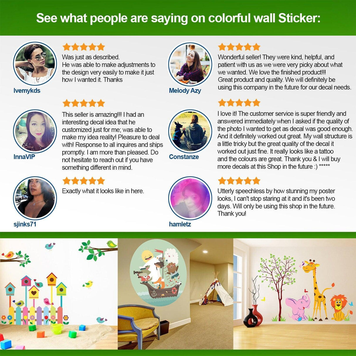 Customer reviews for colorful wall stickers with designs featuring animals and nature, showcasing quality and satisfaction.