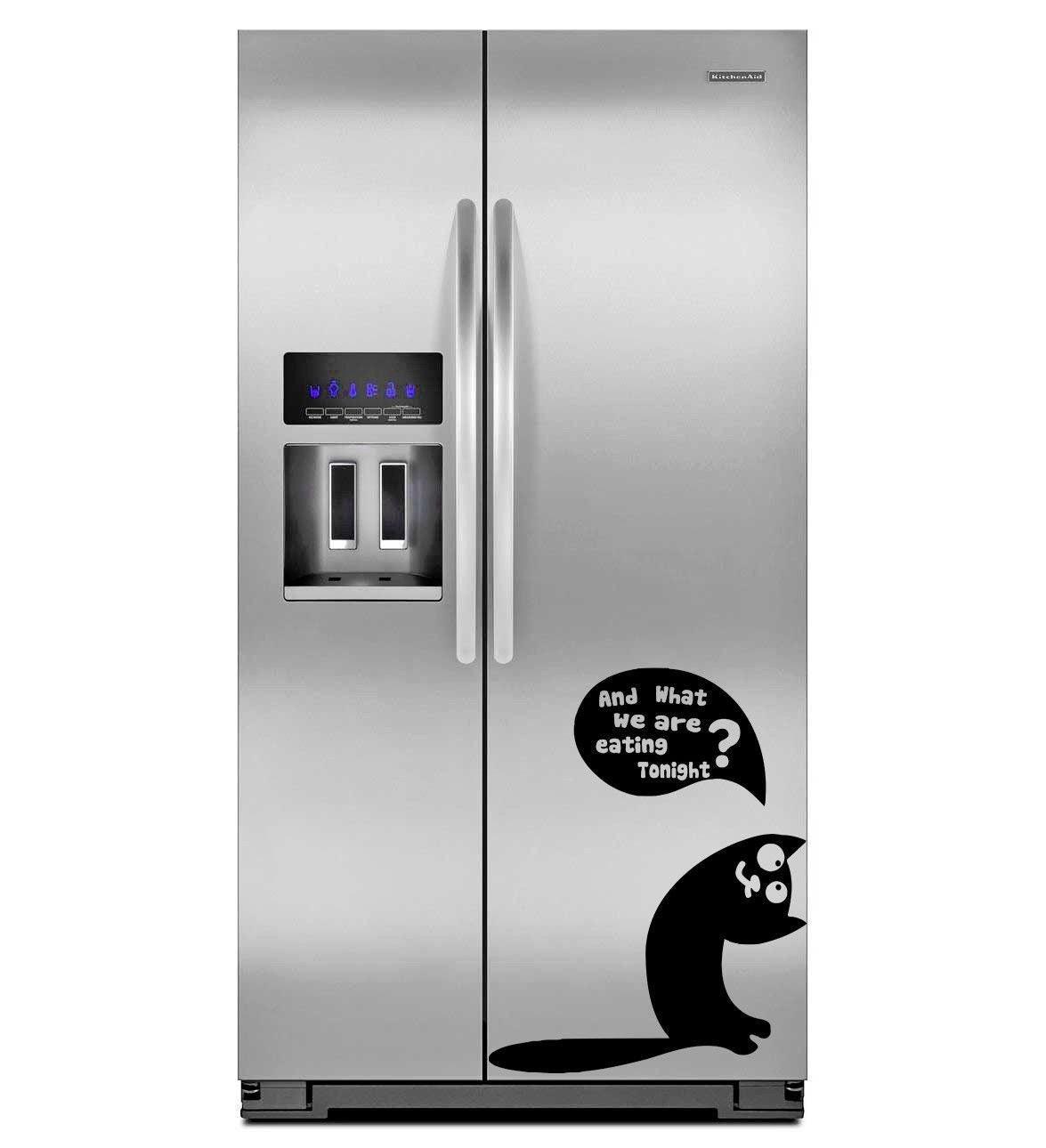 Cute vinyl sticker on a fridge with a funny cat design asking 'And what are we eating tonight?'. Durable and kitchen-friendly decal.