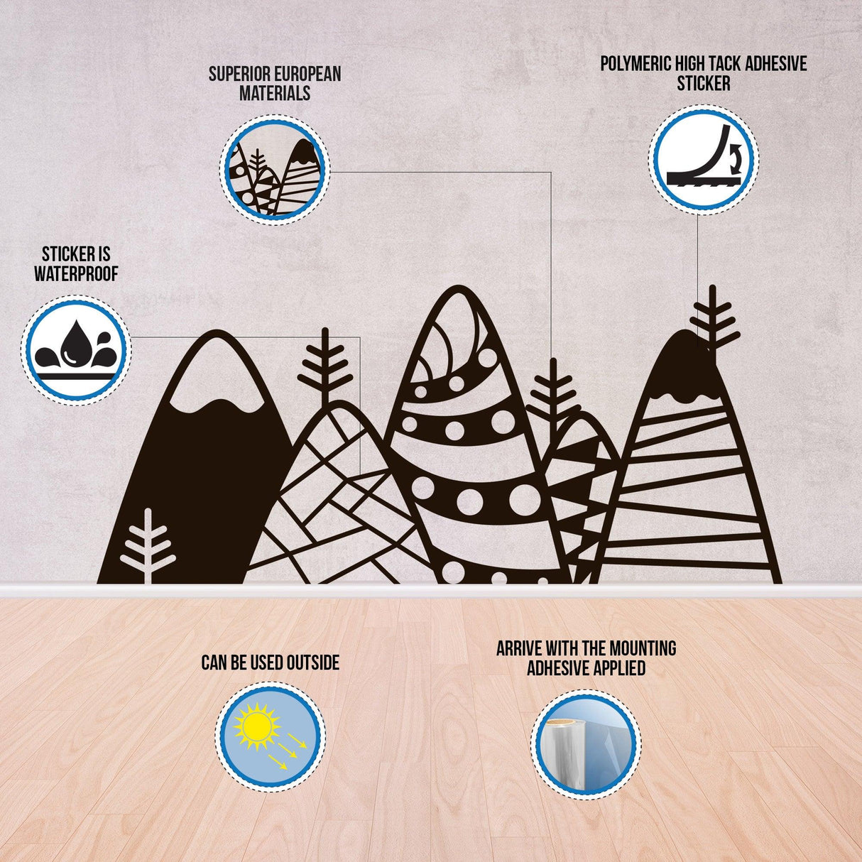 Stylish waterproof wall sticker featuring abstract mountain design with trees, ideal for indoor and outdoor use.