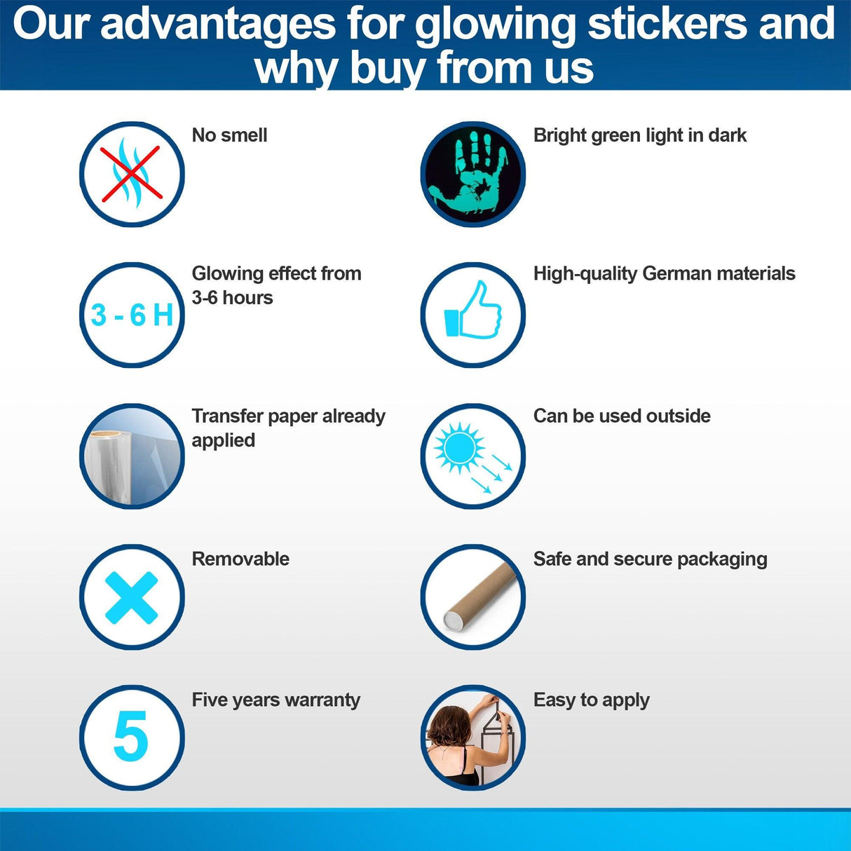 Benefits of glow-in-the-dark stickers: no smell, durable, easy application, outdoor use, and five-year warranty.