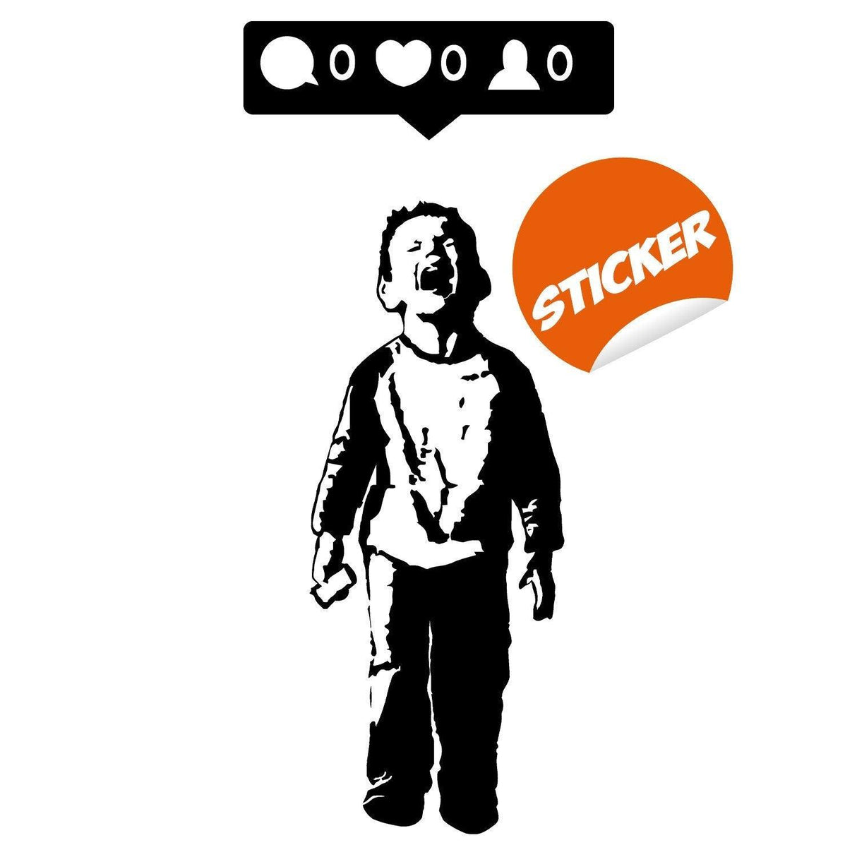 Crying Boy With Cellphone Banksy Wall Sticker, social media commentary art decal for modern decor.