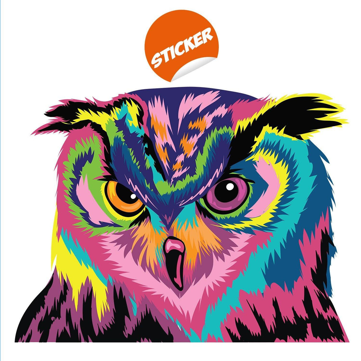 Colorful owl wall sticker design featuring vibrant hues and a whimsical expression, perfect for home decor.