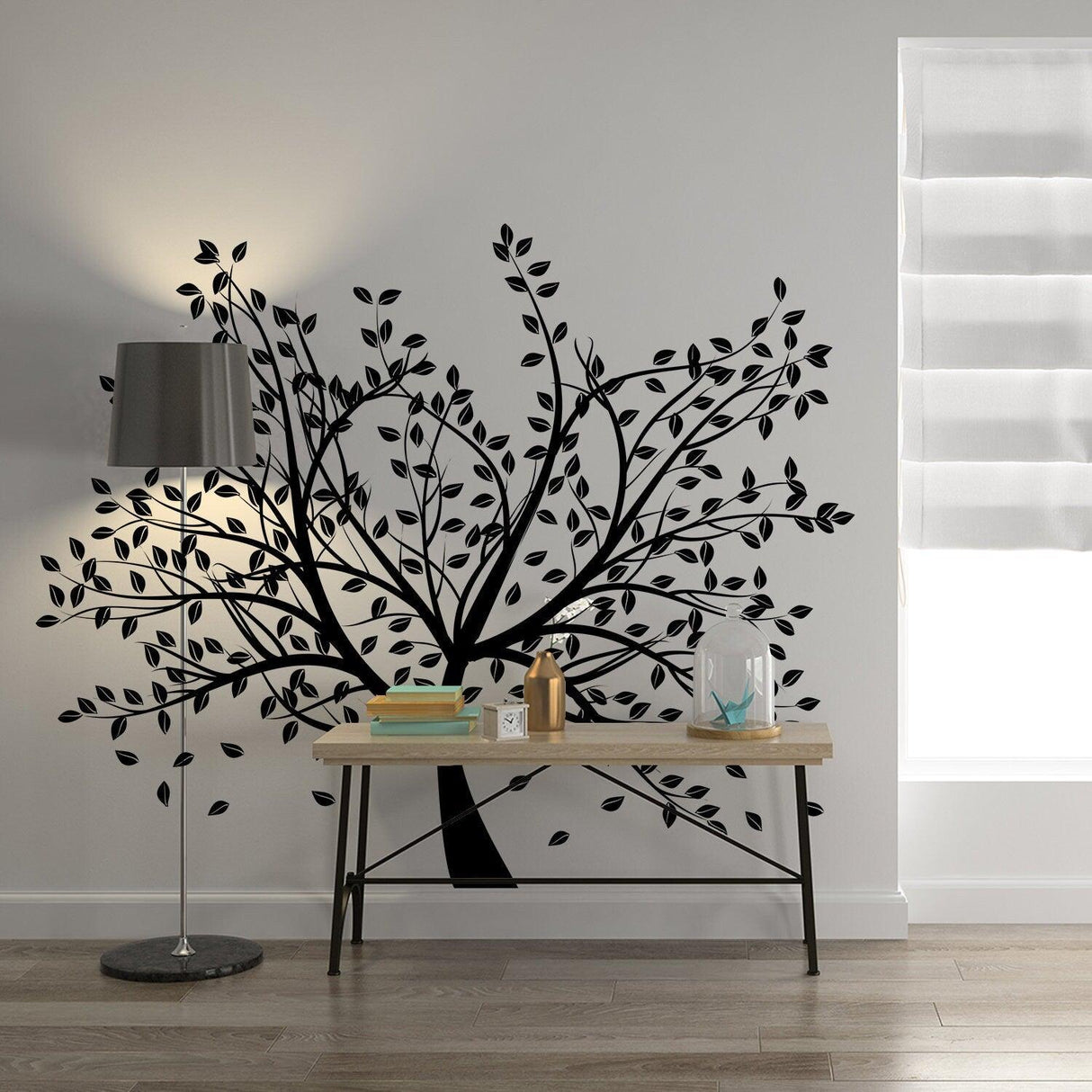 Birch tree wall decal decor featuring branches and leaves, enhancing a serene nursery atmosphere.