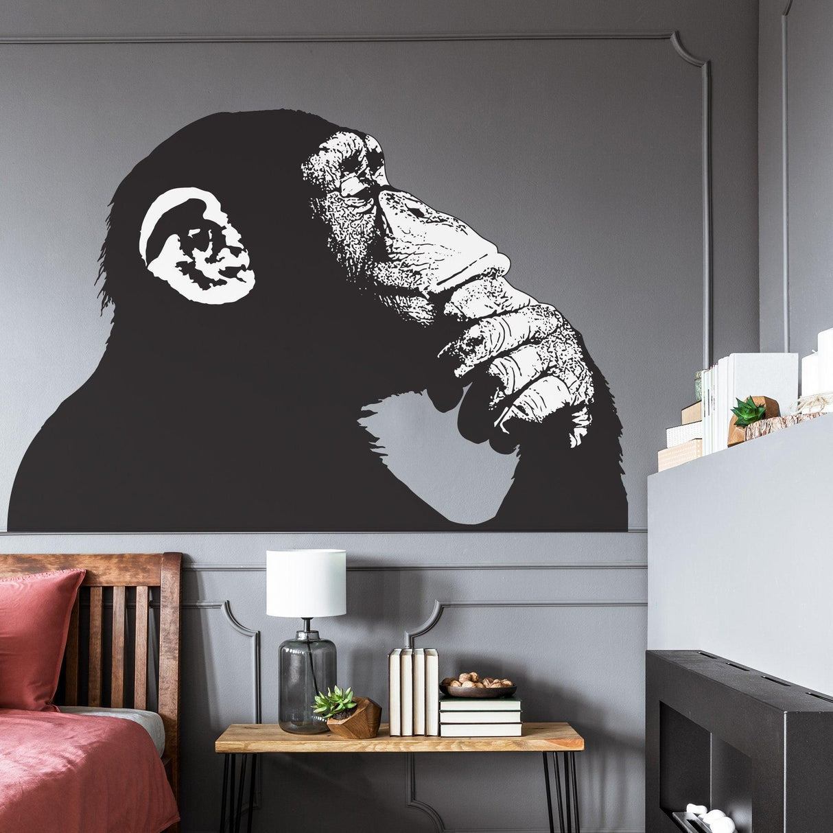 Thinking Monkey wall sticker featuring a monkey in thought, inspired by Banksy street art, ideal for home decor.